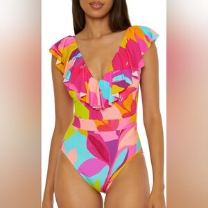 TRINA TURK | US 10 Womens Lilleth Ruffle One Piece Swimsuit Plunge V-Neck Floral